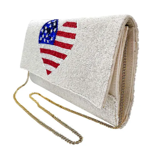 American USA Flag Heart Seed Beaded Clutch Crossbody Bag