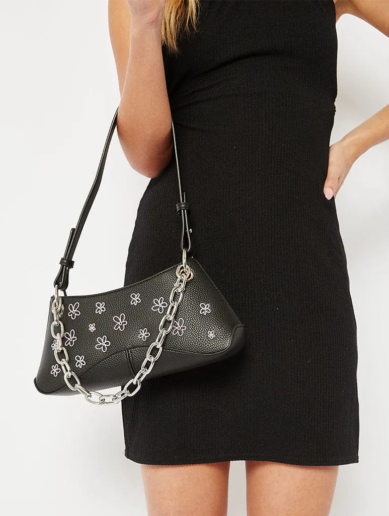 Black Flower Embroidered Chain Shoulder Bag