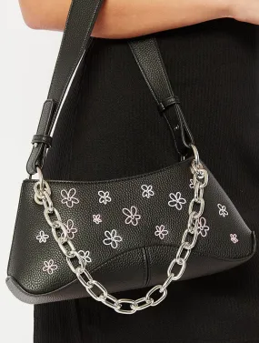 Black Flower Embroidered Chain Shoulder Bag