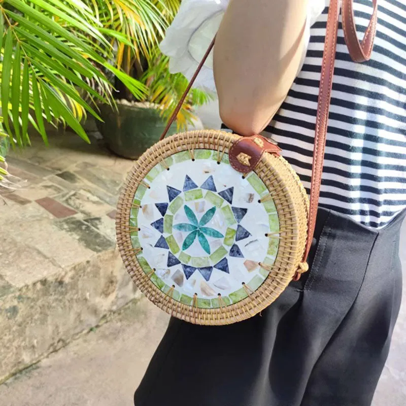 Bohemian Seashell Floral Round Rattan Purse Bali Clutch Shoulder Bag