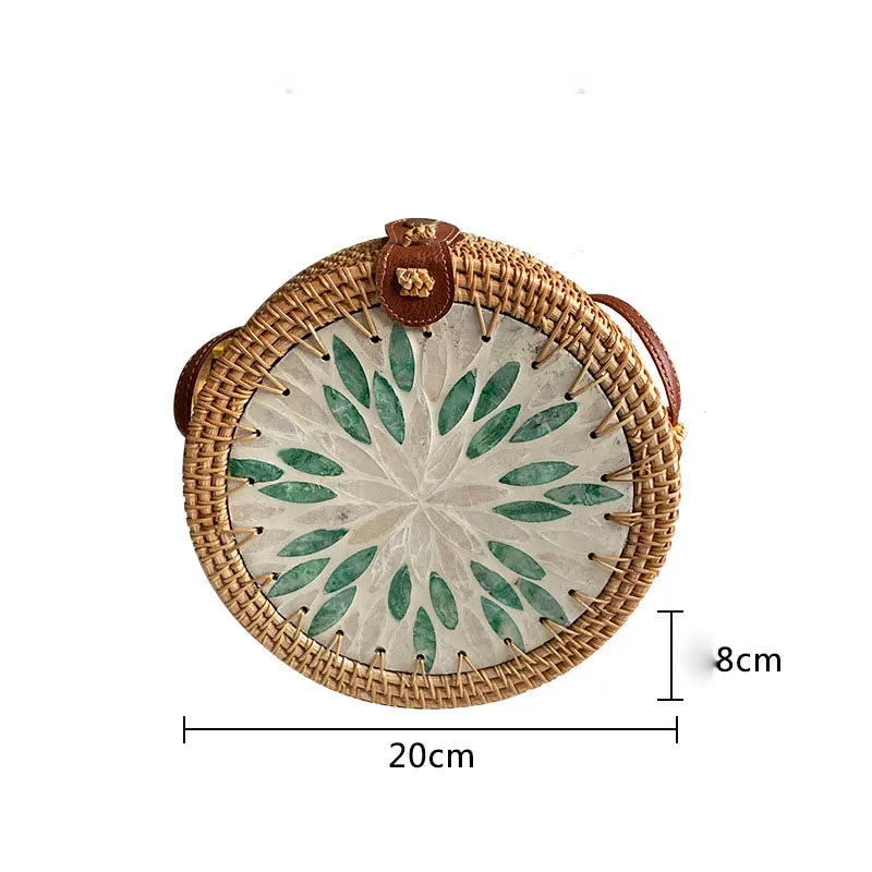 Bohemian Seashell Floral Round Rattan Purse Bali Clutch Shoulder Bag