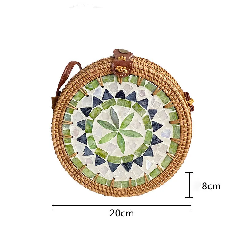 Bohemian Seashell Floral Round Rattan Purse Bali Clutch Shoulder Bag