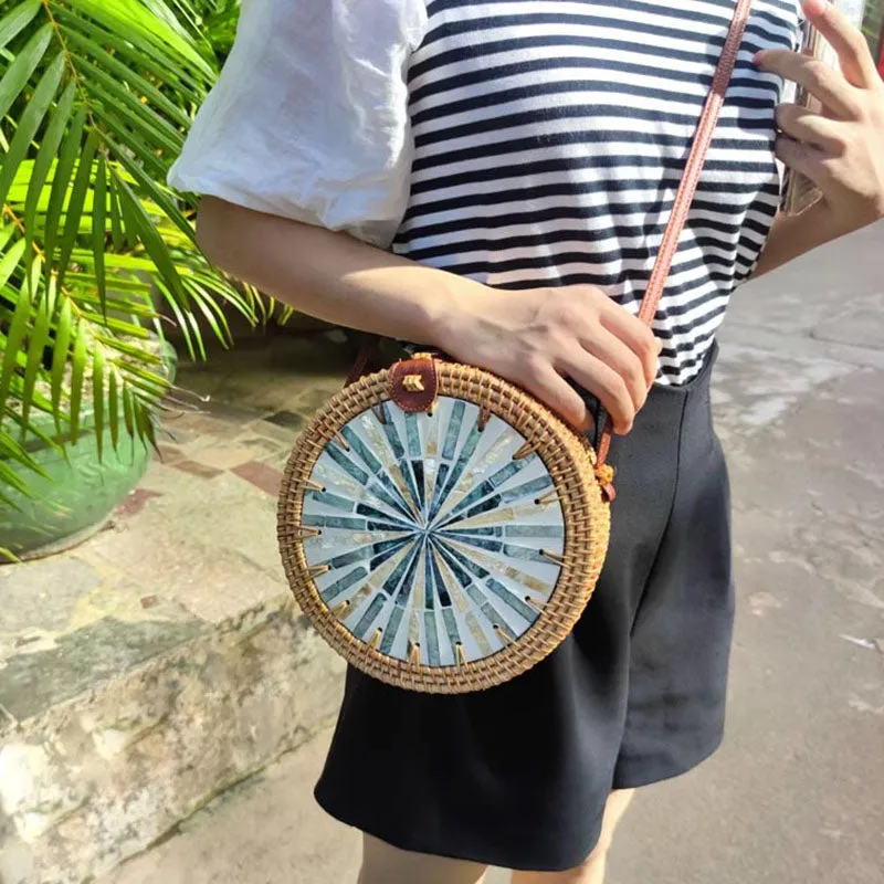 Bohemian Seashell Floral Round Rattan Purse Bali Clutch Shoulder Bag