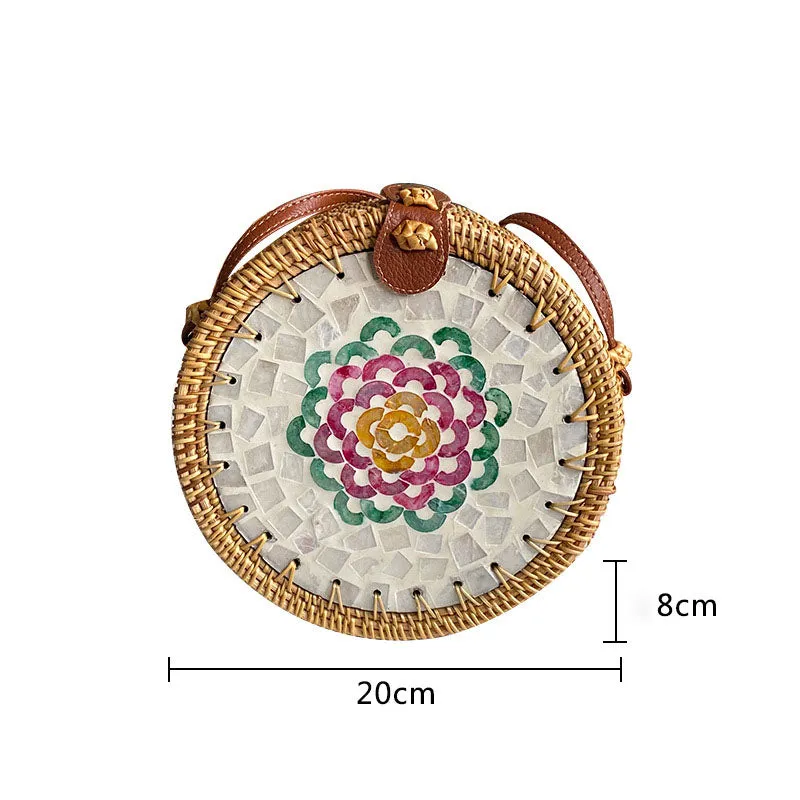 Bohemian Seashell Floral Round Rattan Purse Bali Clutch Shoulder Bag