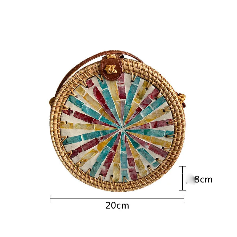 Bohemian Seashell Floral Round Rattan Purse Bali Clutch Shoulder Bag