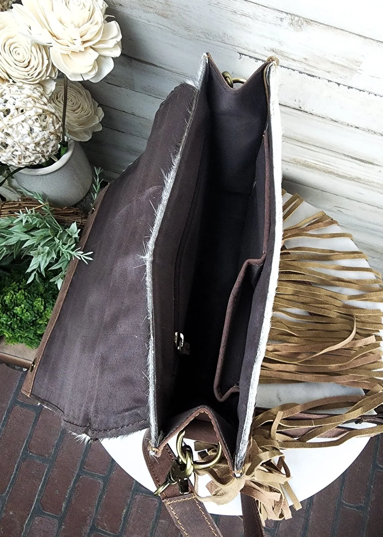 Brown & White Pagosa Cowhide Crossbody Handbag