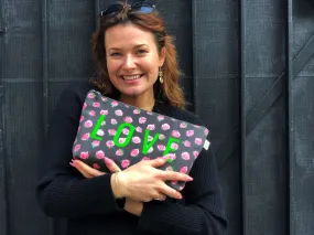 Clutch Bag: Black Floral with Neon Green LOVE