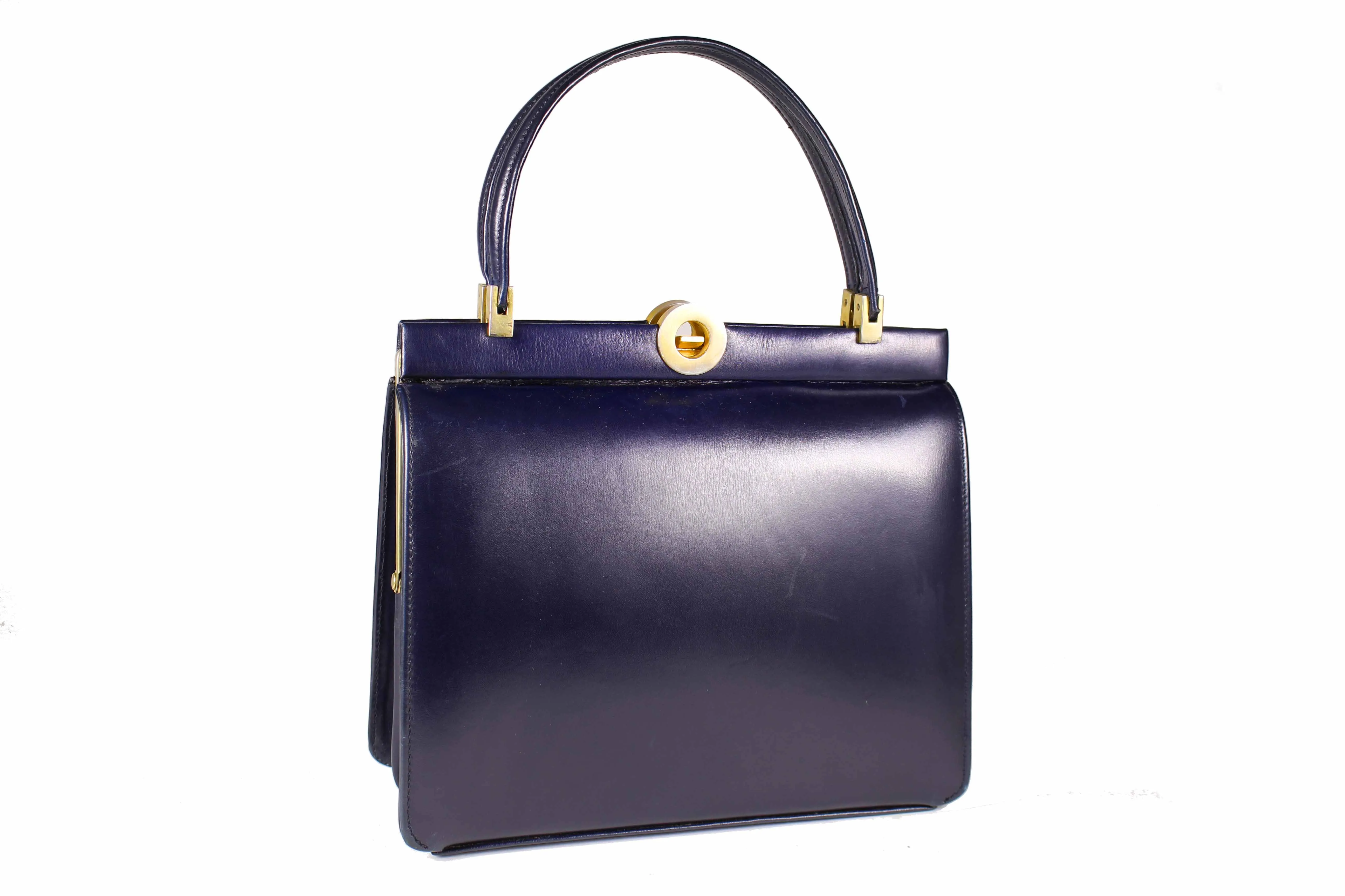 Dark blue leather frame handbag