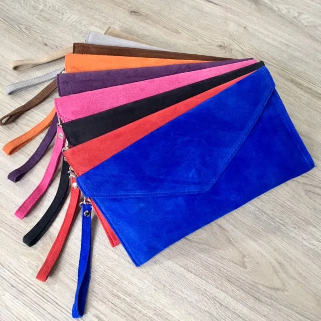 GENUINE SUEDE NAVY BLUE OVER-SIZED ENVELOPE CLUTCH BAG / SHOULDER BAG WITH LONG SHOULDER STRAP