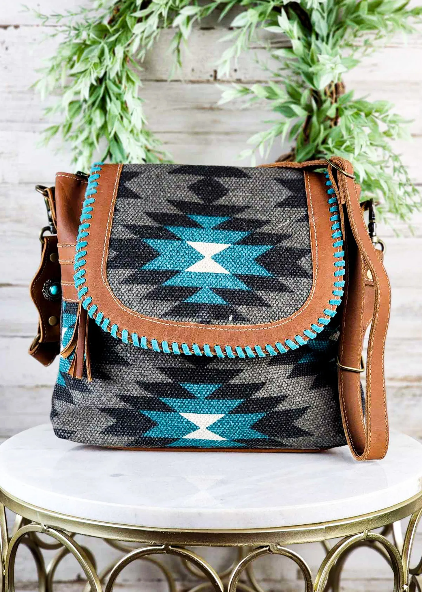 Gray & Turquoise Aztec Shoulder Handbag