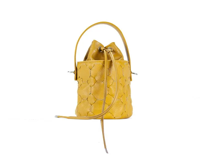 Helon mini bucket bag - Handwoven yellow leather