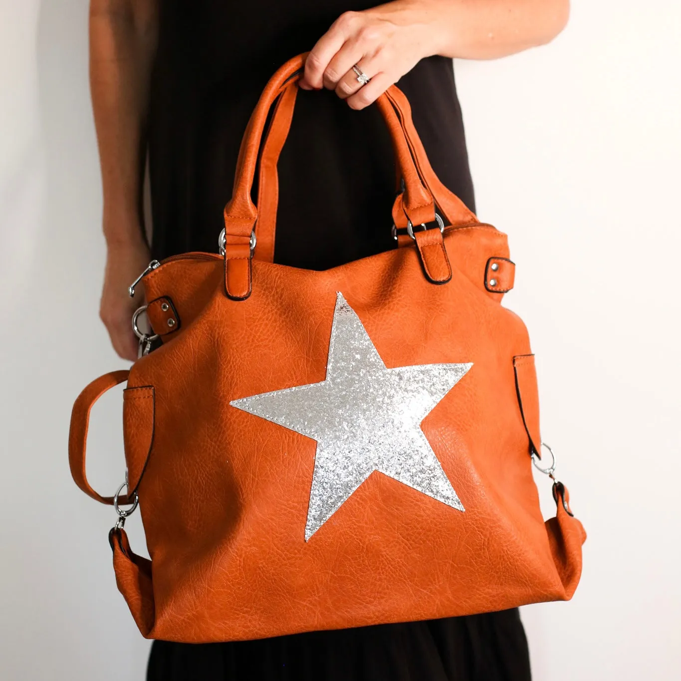 Leather Effect Star Shoulder Bag - Tan