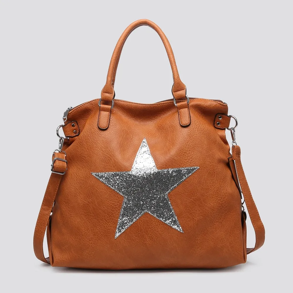 Leather Effect Star Shoulder Bag - Tan