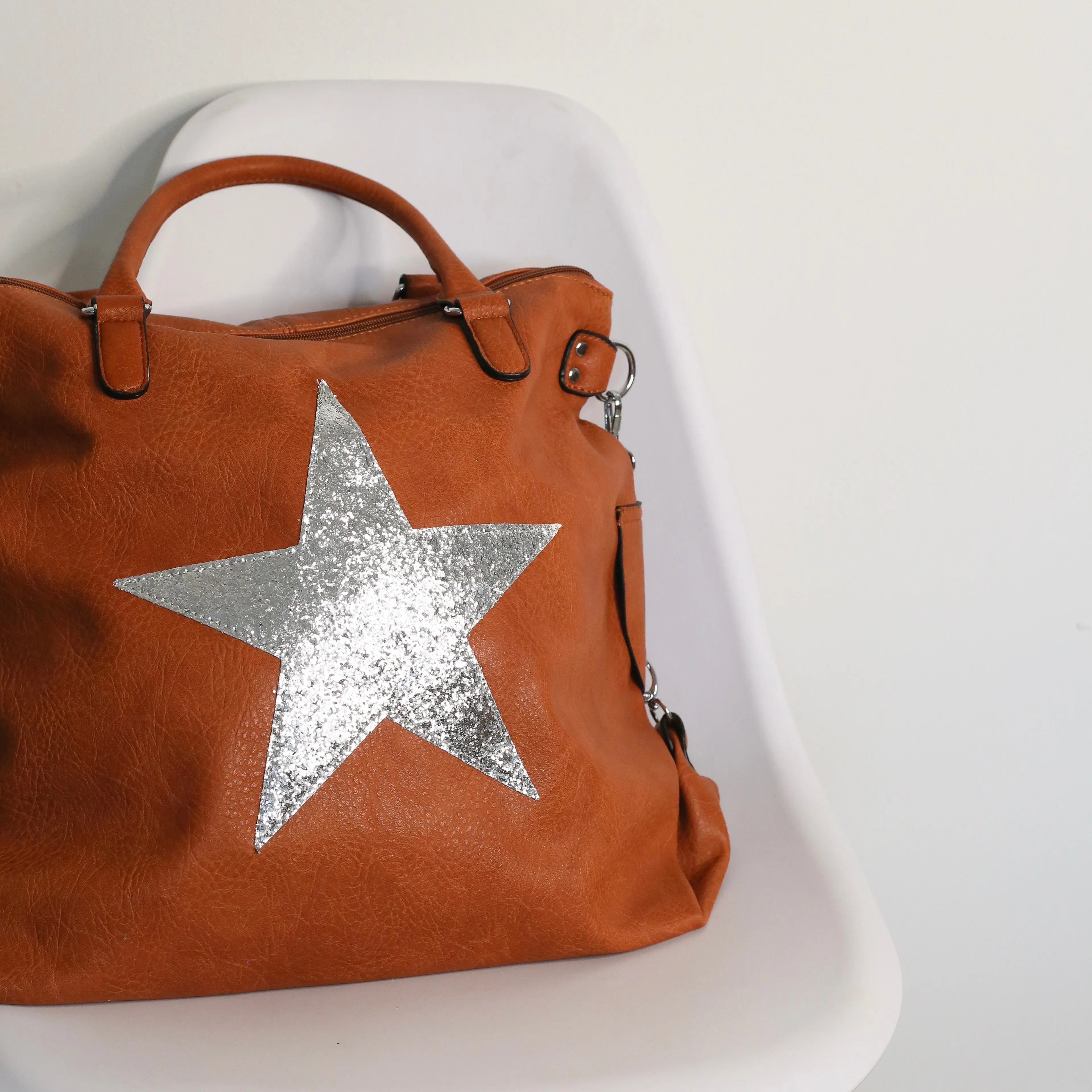 Leather Effect Star Shoulder Bag - Tan