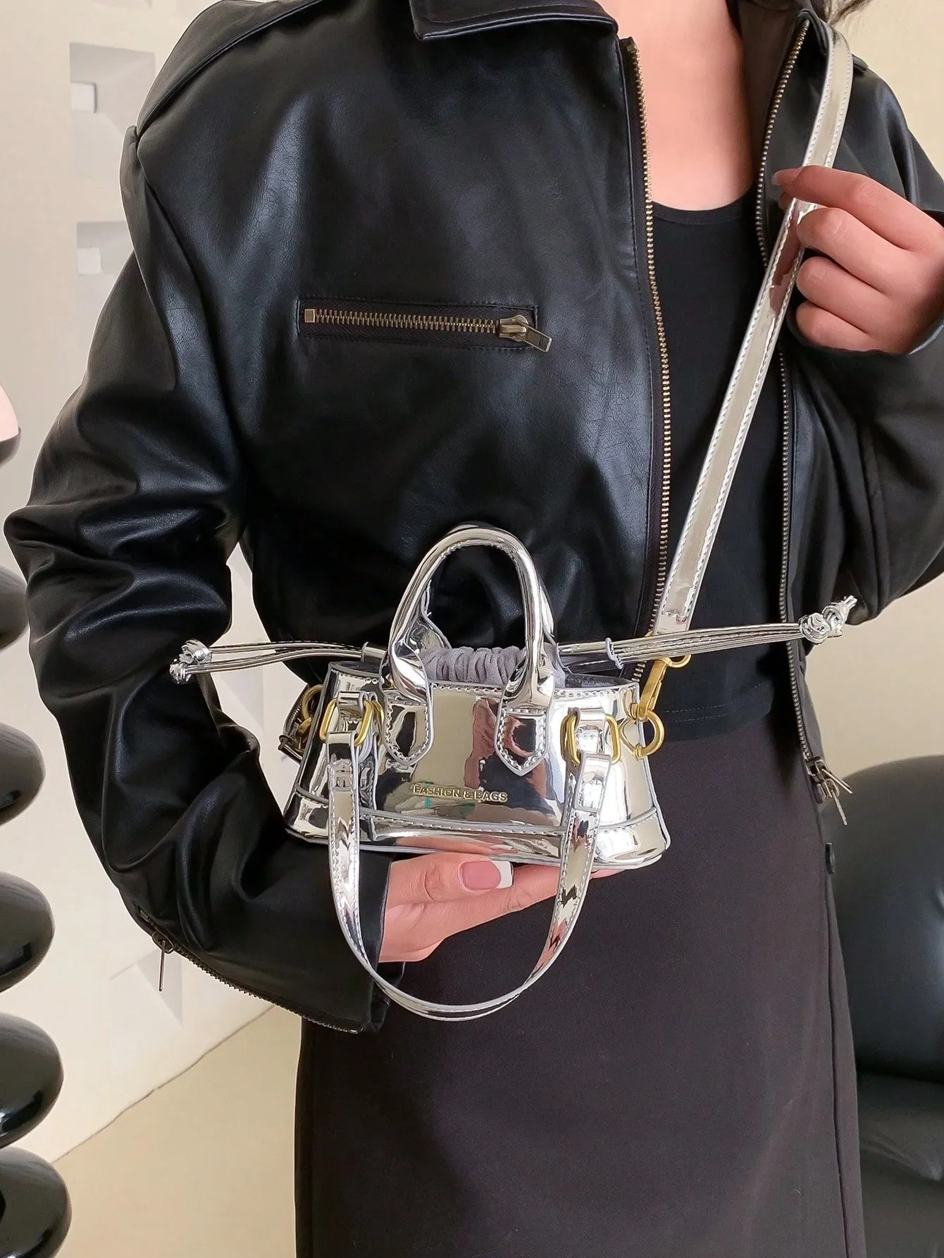 Mini Metallic Double Handle Bucket Bag