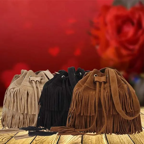 Minimalist Suede Tassel Bucket Bag 79127326C