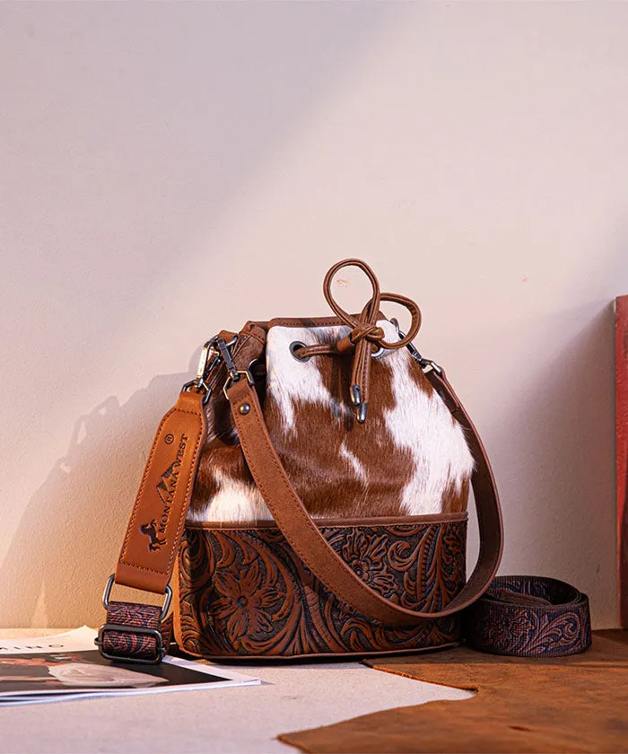 Montana West Cowhide Tooled Bucket Bag