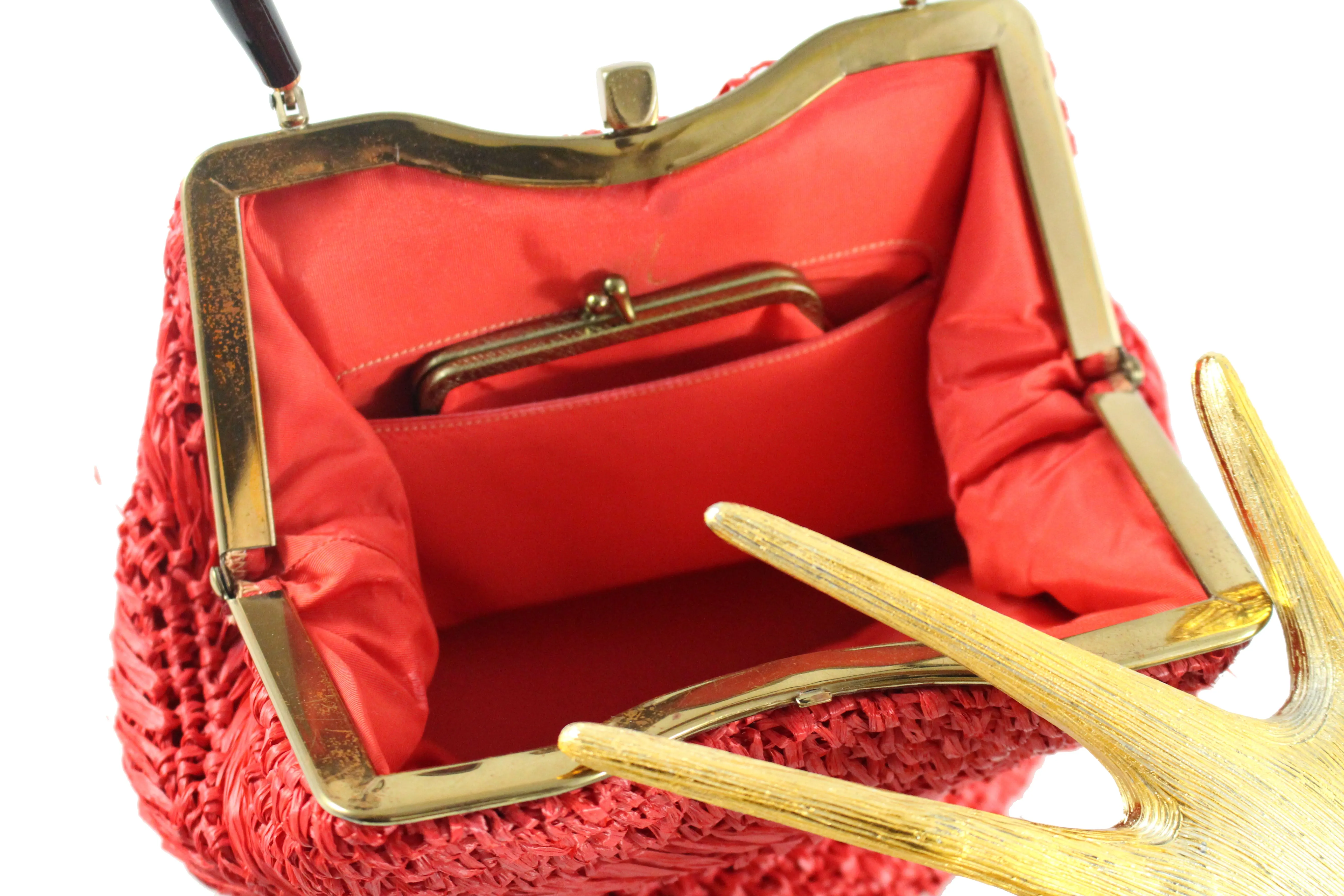 MORRIS MOSKOWITZ red raffia handbag with lucite handle