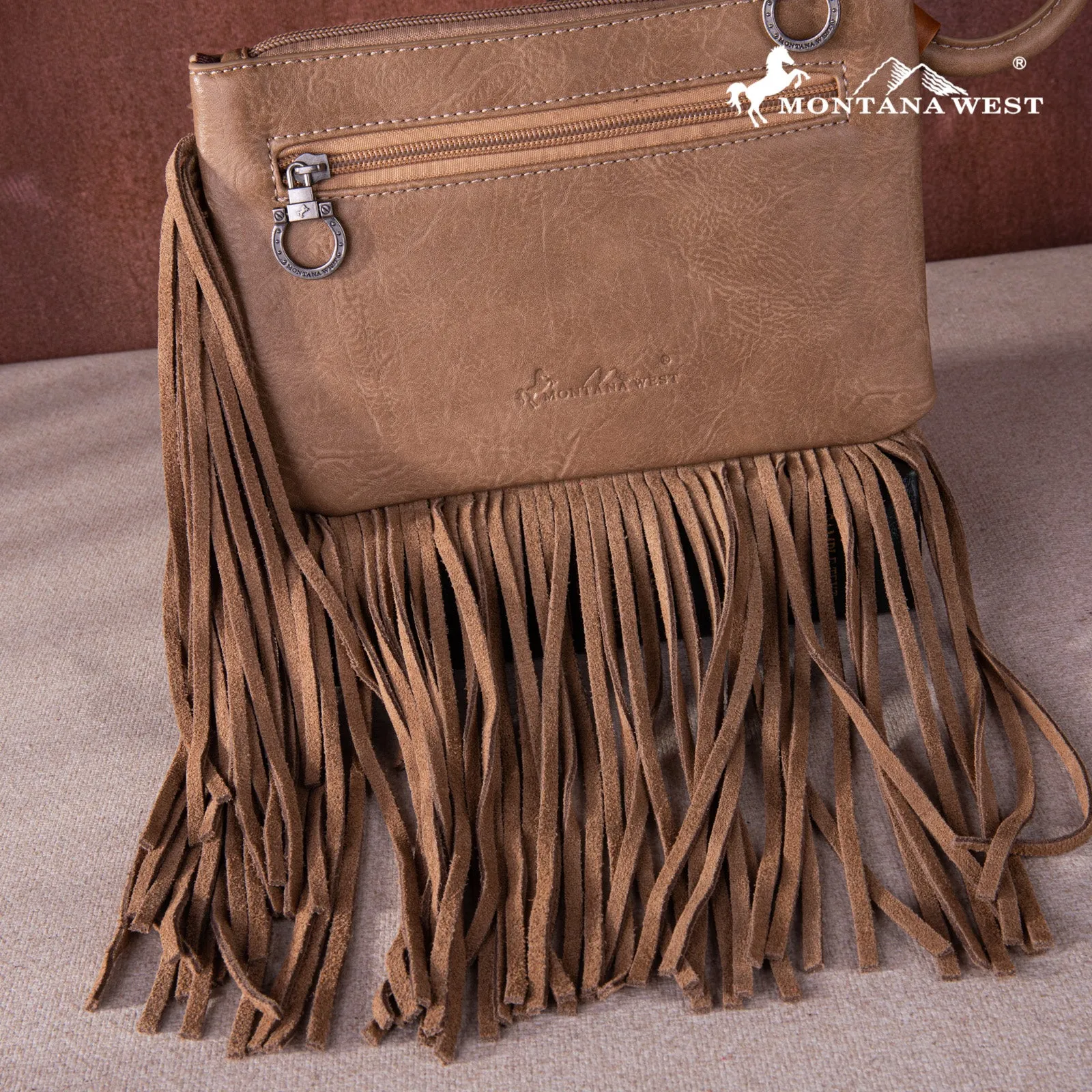 MW1262-A181 Montana West Floral Tooled Fringe Ring Handle Wristlet Clutch Bag