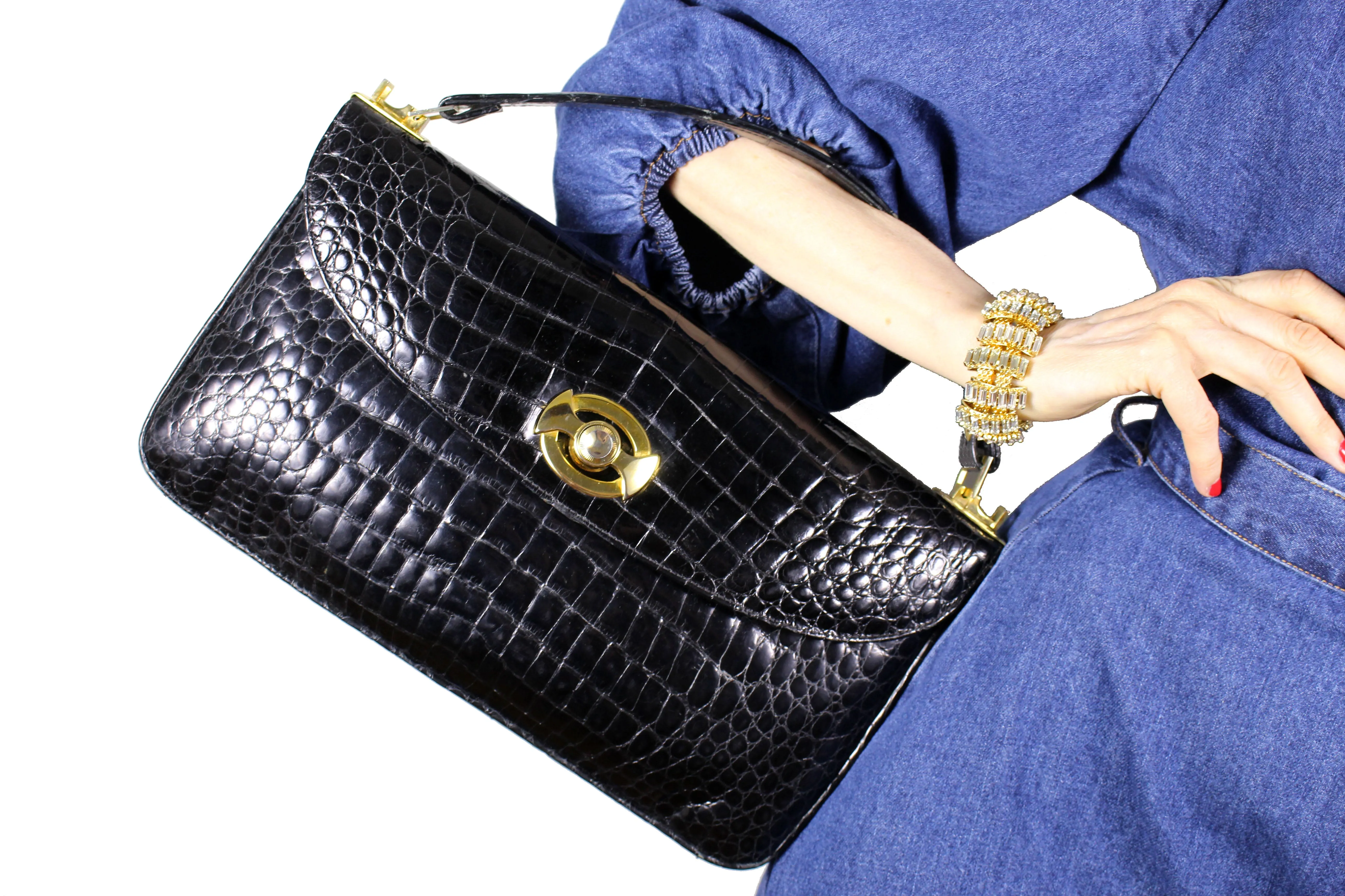 Rectangular black crocodile skin handbag