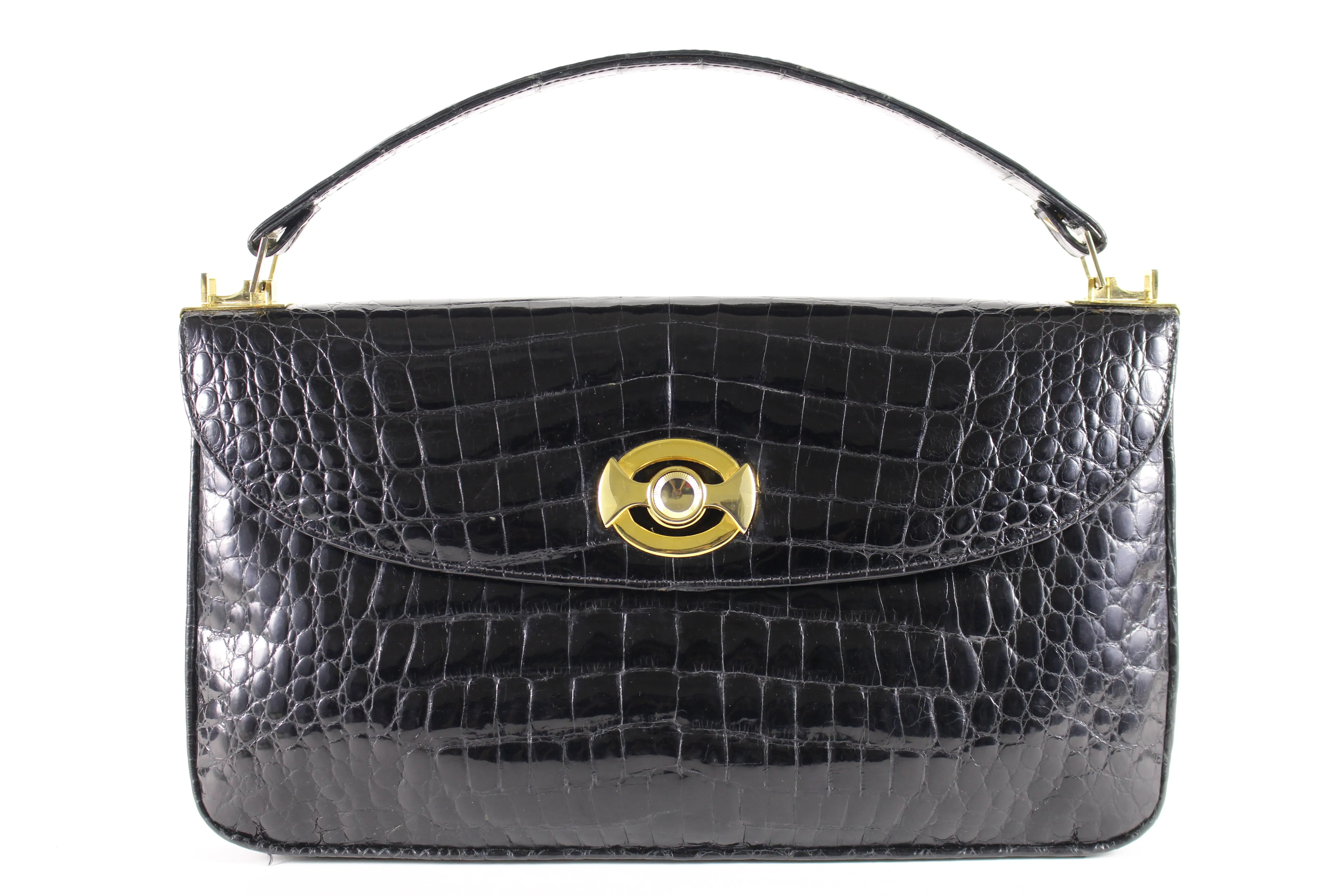 Rectangular black crocodile skin handbag