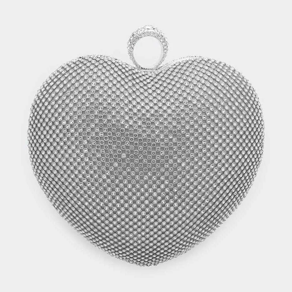 Rhodium Crossbody Bag Rhinestone Embellished Heart Evening Clutch / Crossbody Bag