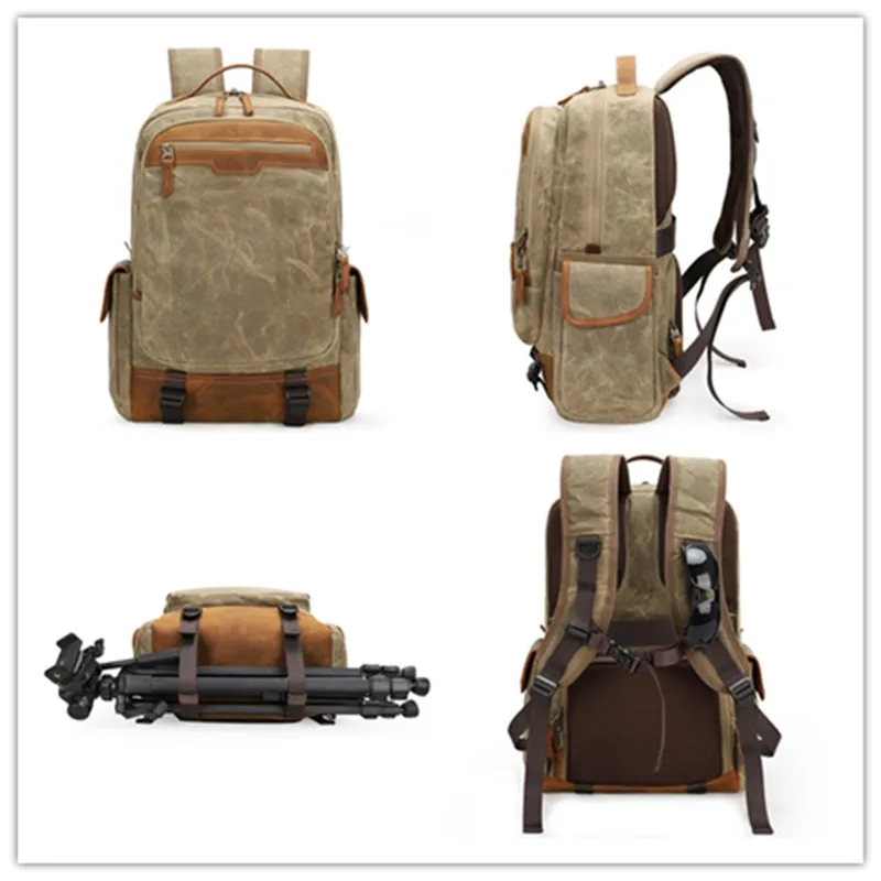 Waxed Canvas Camera Backpack Retro DSLR Camera Backpack Waterproof Laptop Backpack